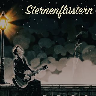 A joung man playing Guitar, watching the stars and a siluhette of a young woman watch him"